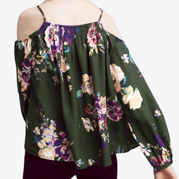 Maeve Tallie Floral Top Size XS Forest Green Silk Cold Shoulder Romantic Boho - Picture 4 of 4